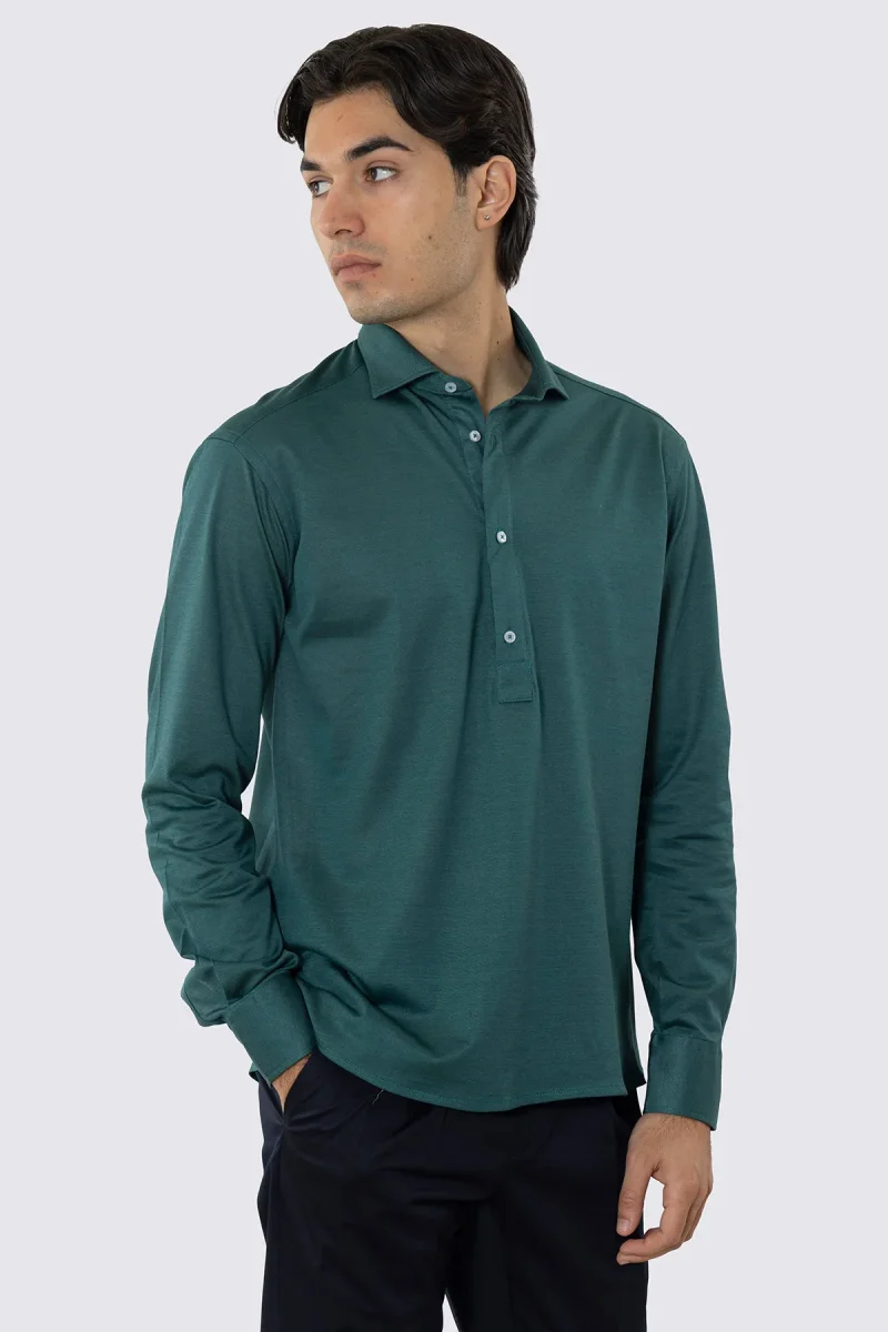 Polo camicia verde 4 bottoni da uomo collo semi francese manica lunga in filo di scozia 100% nido d’ape made in italy - immagine 2